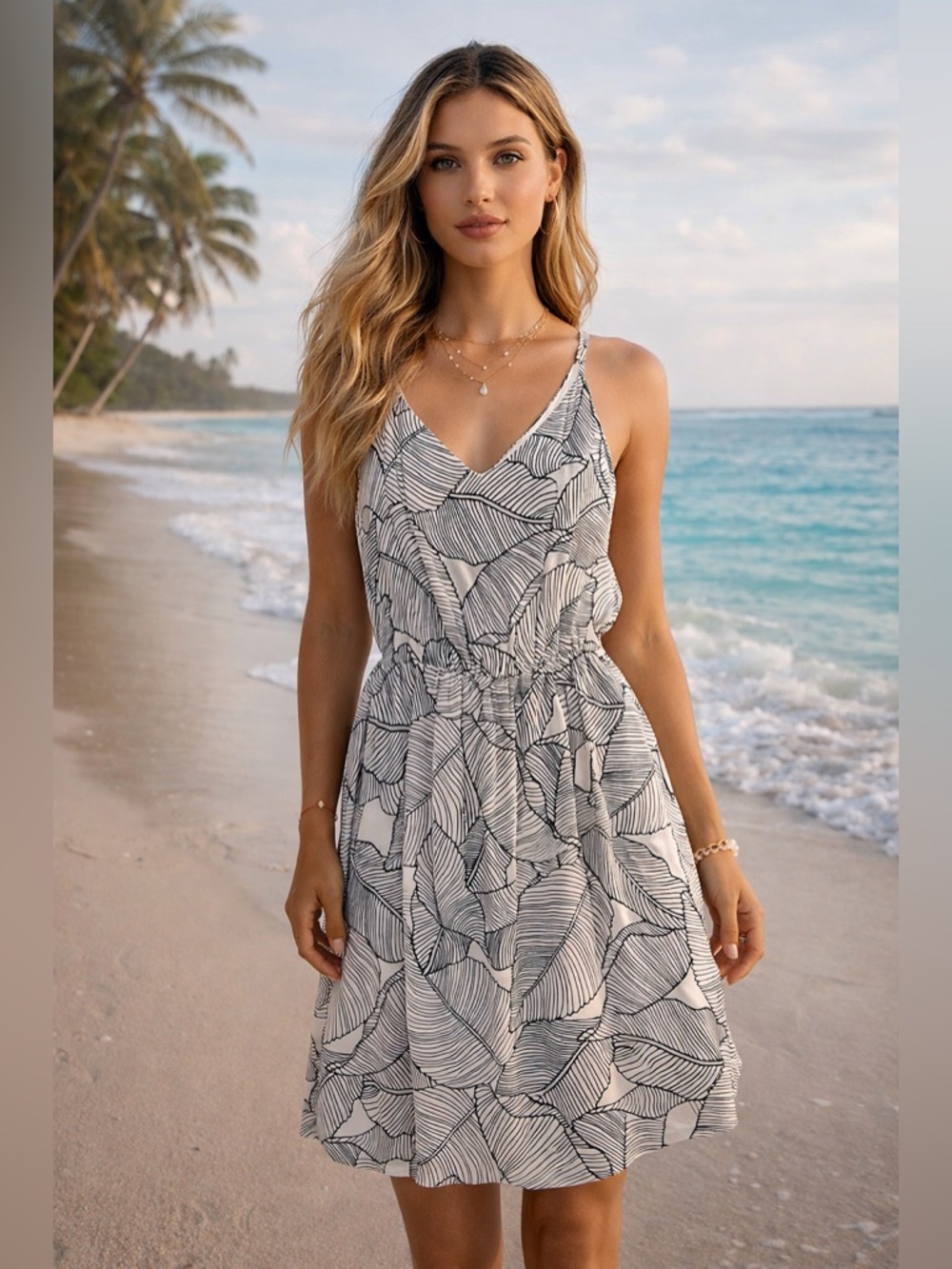 Sienna Sky Black and White Leaf-Print Maxi Dress Size Small